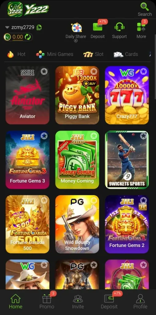 Y222 Game APK Home Interface